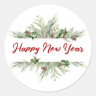 Happy New Year Gerahmt Winter Wheath Gruß Runder Aufkleber