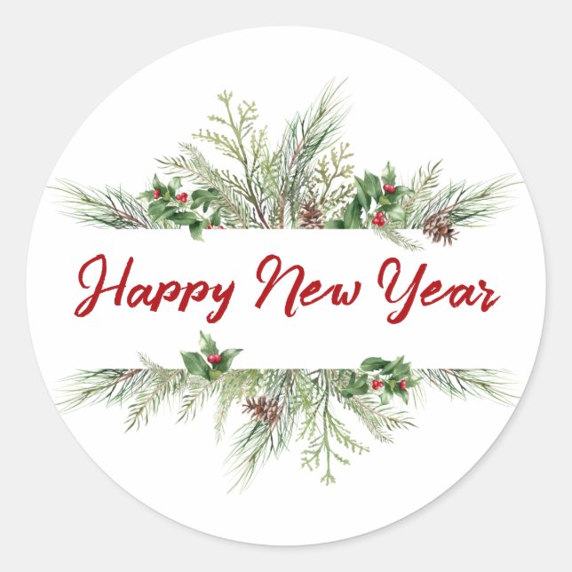 Happy New Year Gerahmt Winter Wheath Gruß Runder Aufkleber (Vorderseite)