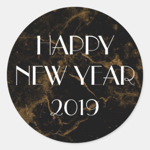 Happy New Year Gold Black Marble Elegante Runder Aufkleber