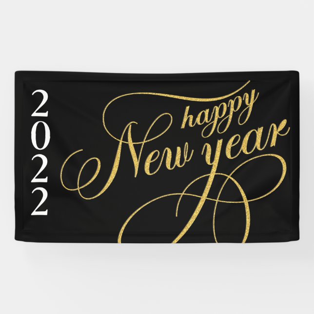 Happy New Year Gold & Black Typografy Banner (Horizontal)