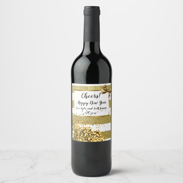 Happy New Year Gold Confetti und Bow Weinetikett (Vorderseite)
