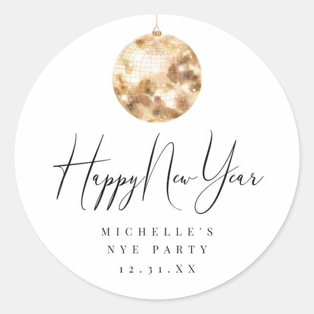 Happy New Year Gold Disco Ball Runder Aufkleber (Vorderseite)