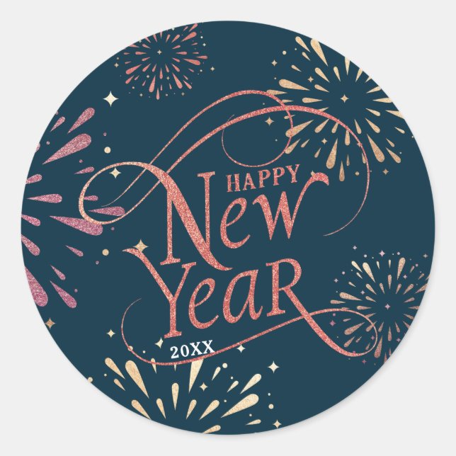 Happy New Year Gold Foil Script Runder Aufkleber (Vorderseite)