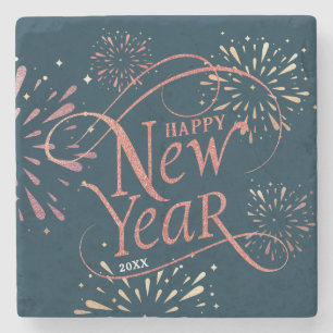 Happy New Year Gold Foil Script Steinuntersetzer