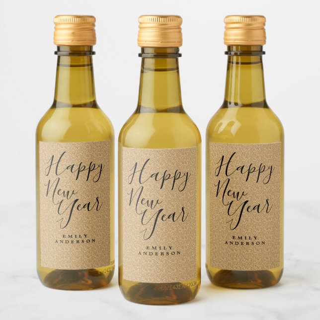 Happy New Year Gold Glitzer Personalisiertes Party Weinetikett (Flaschen)