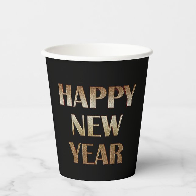 Happy New Year Gold Metallic Text Image Pappbecher (Vorderseite)