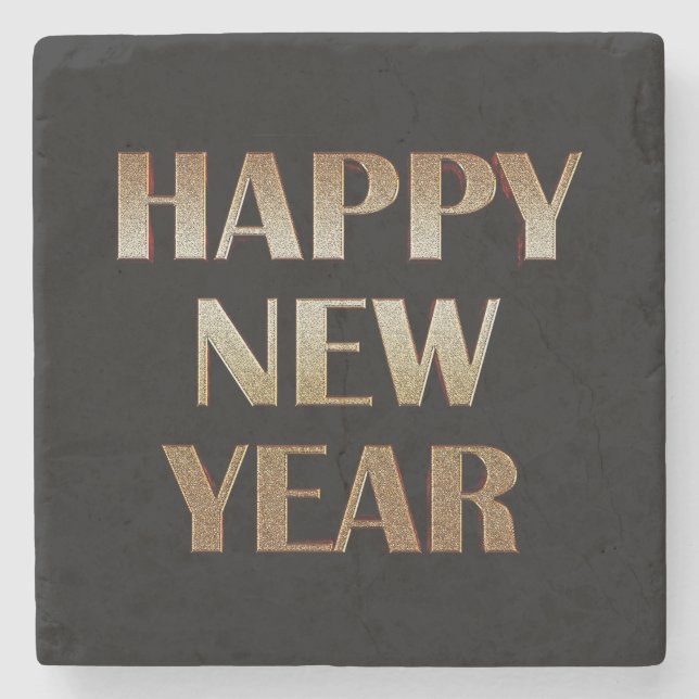 Happy New Year Gold Metallic Text Image Steinuntersetzer (Vorderseite)