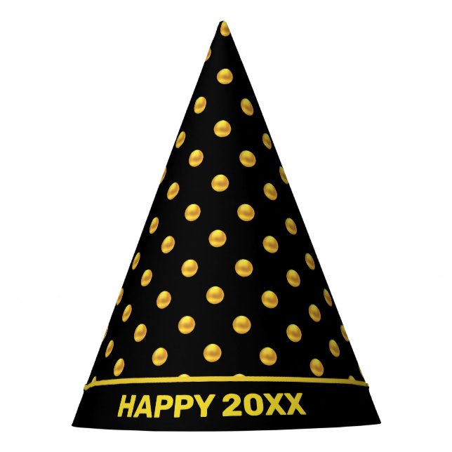 Happy New Year & Gold Polka Punkte auf schwarz Partyhütchen (Vorderseite)