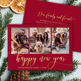 Happy New Year Gold Script Red 3 Photo Collage  Feiertagskarte