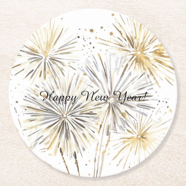 Happy New Year Gold Silver Fireworks Runder Pappuntersetzer (Vorderseite)