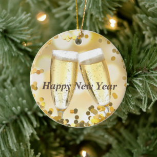 Happy New Year Gold Sparkle Champagne Keramik Ornament