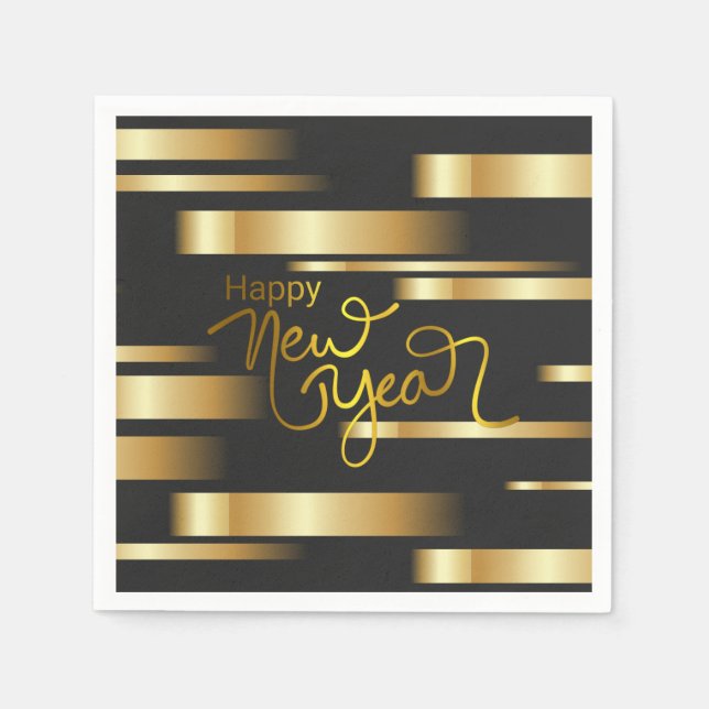 Happy New Year Gold Striped Paper Napkin Serviette (Vorderseite)