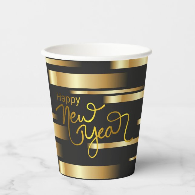 Happy New Year Gold Striped Pappbecher (Vorderseite)