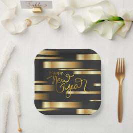 Happy New Year Gold Striped Pappteller