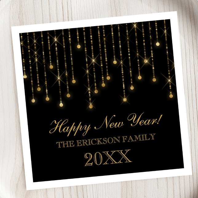 Happy New Year Gold und Black String Lights Custom Serviette (Von Creator hochgeladen)
