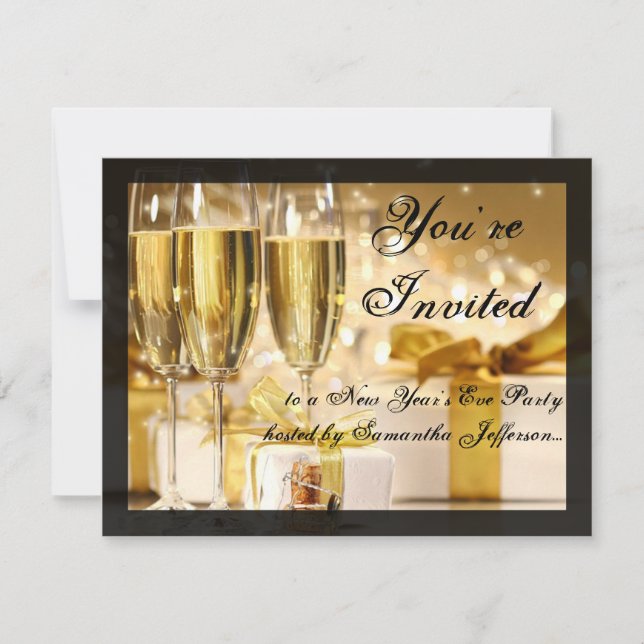 Happy New Year Golden Champagne Brillen Einladung (Vorderseite)