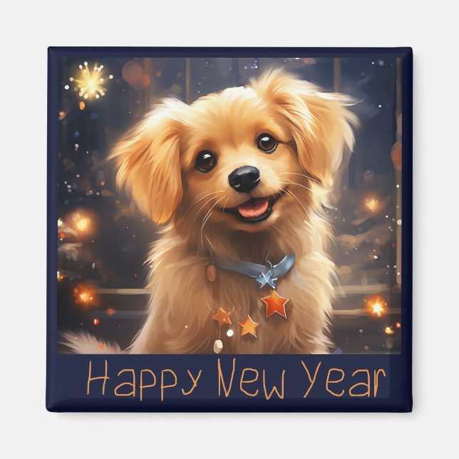 Happy New Year Golden Puppy Magnet (Vorne)