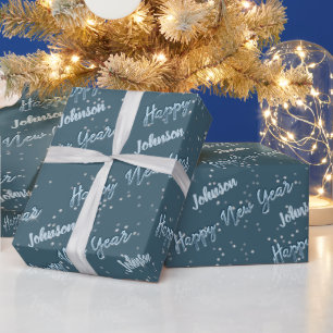 Happy New Year Golden Script Blue Celesty Gray Geschenkpapier