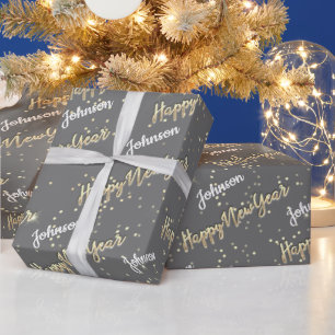 Happy New Year Golden Script Individuelle Name Gra Geschenkpapier