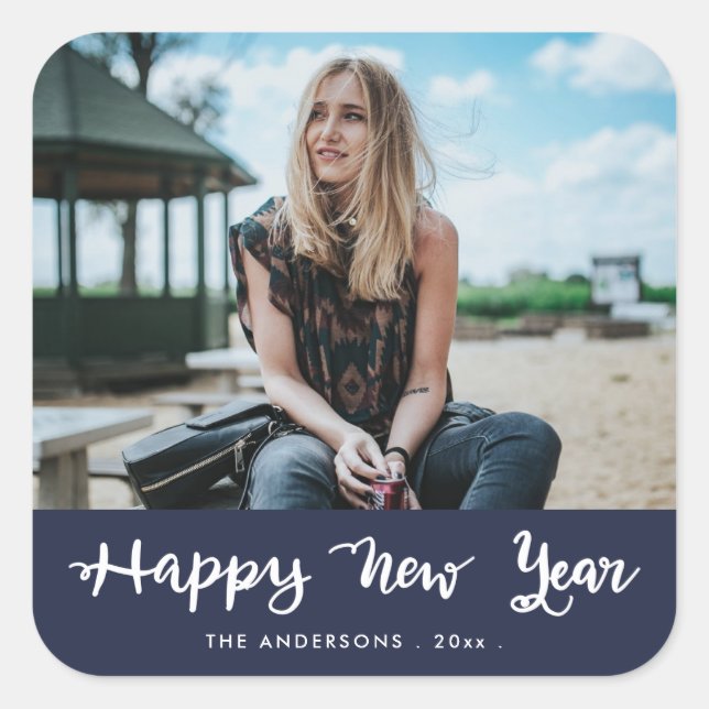 Happy New Year handgeschriebenes Navy Blue | FOTO Quadratischer Aufkleber (Vorderseite)