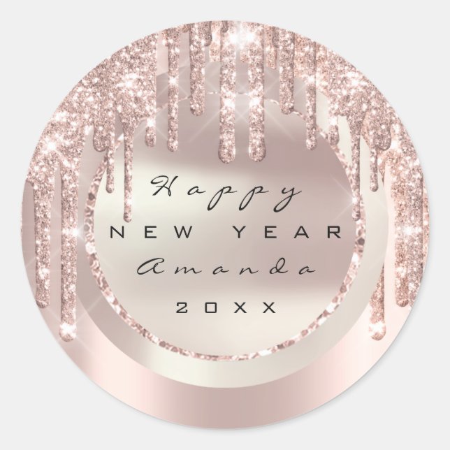 Happy New Year Holiday Name Glitzer Rose Funkelnd Runder Aufkleber (Vorderseite)
