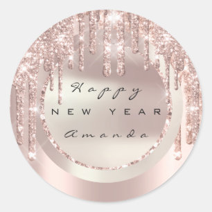 Happy New Year Holiday Name Tropfens Rose Glitzer Runder Aufkleber