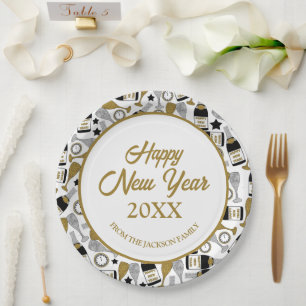 Happy New Year Imitats Glitzer Personalisiert Pappteller