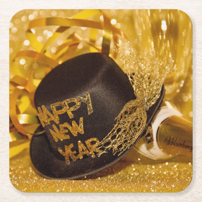 Happy New Year in Gold und Schwarz Rechteckiger Pappuntersetzer (Vorderseite)