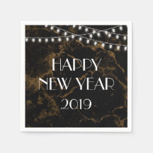 Happy New Year Lights Gold Black Marble