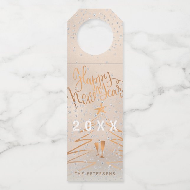 Happy New Year Metallic Kupfer Rose Gold Flaschenanhänger (Vorderseite)