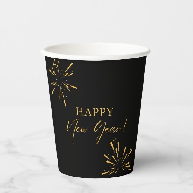 Happy New Year minimalistische Feuerwerk schwarz Pappbecher (Vorderseite)