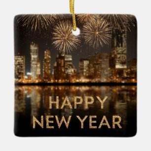 "Happy New Year" mit Feuerwerken über einer Stadt Keramikornament