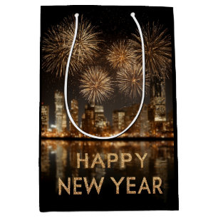 "Happy New Year" mit Feuerwerken über einer Stadt Mittlere Geschenktüte