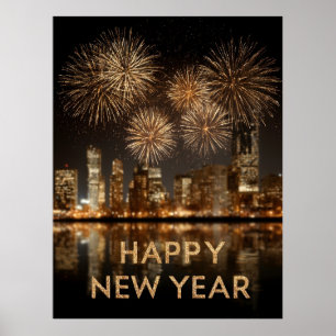 "Happy New Year" mit Feuerwerken über einer Stadt Poster