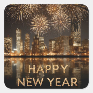 "Happy New Year" mit Feuerwerken über einer Stadt Quadratischer Aufkleber