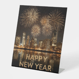 "Happy New Year" mit Feuerwerken über einer Stadt Sockelschild