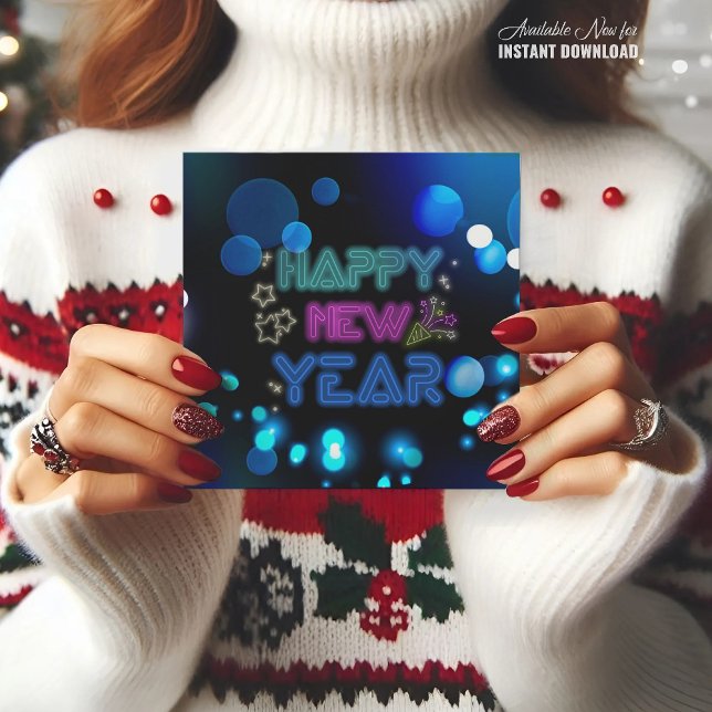 Happy new year modern blauer Neon CARD Karte (Von Creator hochgeladen)