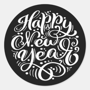 Happy New Year Modern Calligraphy Black Runder Aufkleber