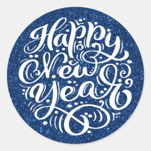 Happy New Year Modern Calligraphy Blue Glitzer Runder Aufkleber