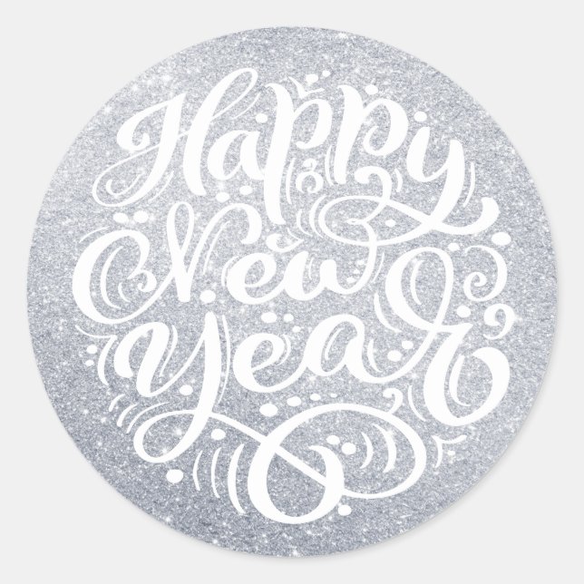 Happy New Year Modern Calligraphy Silver Glitzer Runder Aufkleber (Vorderseite)