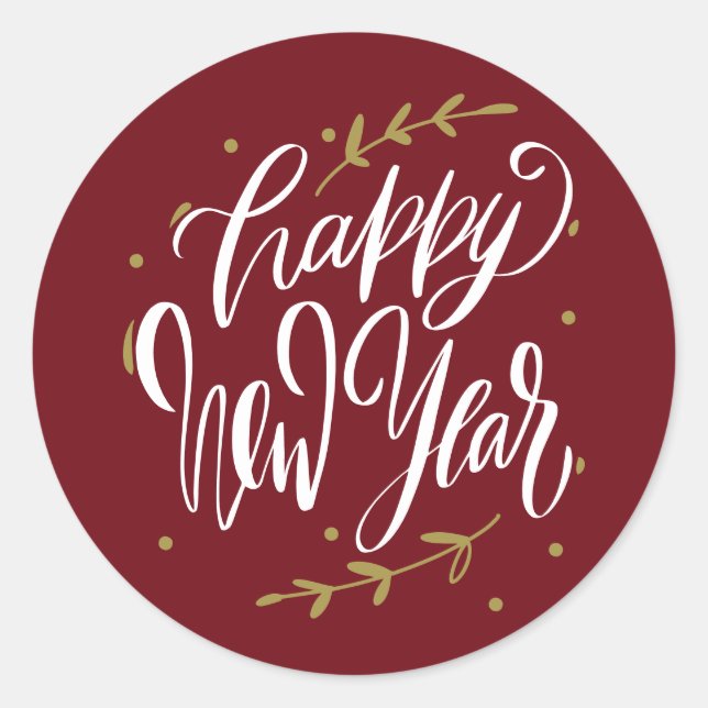 Happy New Year Modern Calligraphy Wreath Burgundy Runder Aufkleber (Vorderseite)