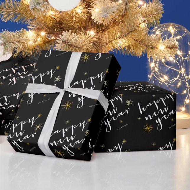 Happy New Year Modern Script Chic Gold Sternexplos Geschenkpapier (Feiertage)