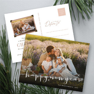 Happy New Year Modern Script Gold Sternexplosion F Feiertagspostkarte