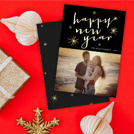 Happy New Year Modern Script Gold Sternexplosion F Folien Feiertagskarte
