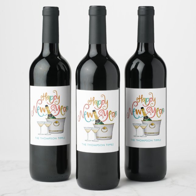 Happy New Year Name Multicolor Text Sparkling Wein Weinetikett (Flaschen)