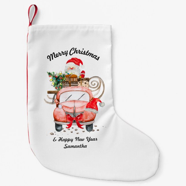 Happy New Year Name Santa truck merry Christmas Kleiner Weihnachtsstrumpf (Vorderseite)