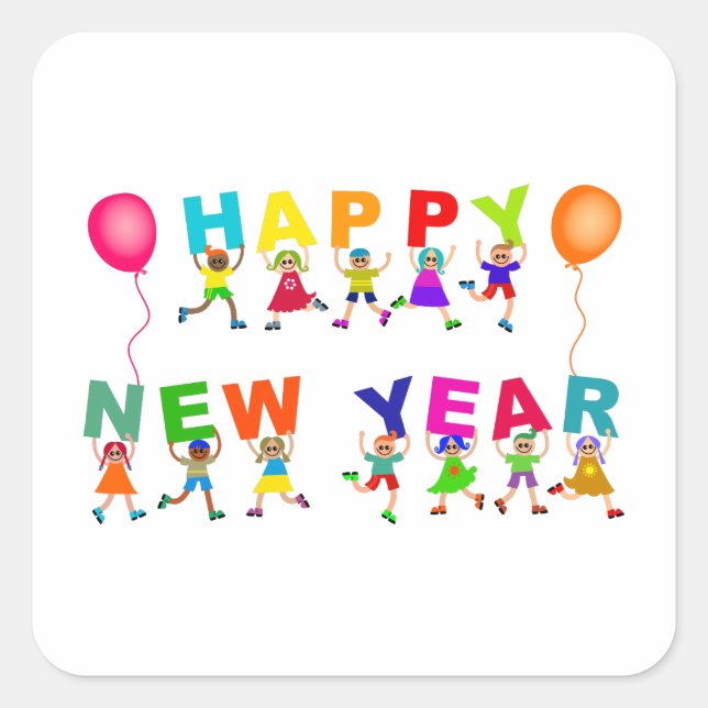 Happy New Year Niedlich Cartoon Diverse Kids Text Quadratischer Aufkleber (Vorderseite)