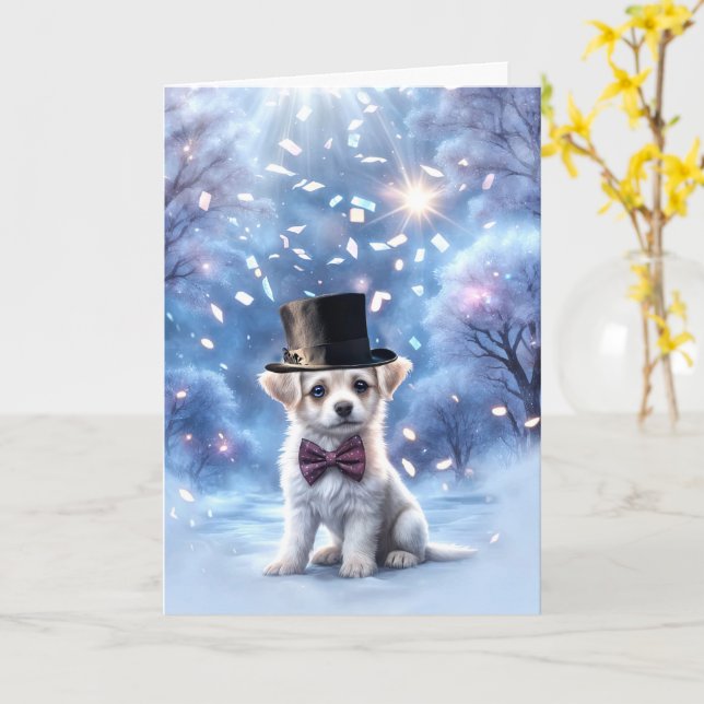 Happy New Year Niedlich Puppy Dog mit Confetti Hat Karte (Gelbe Blume)