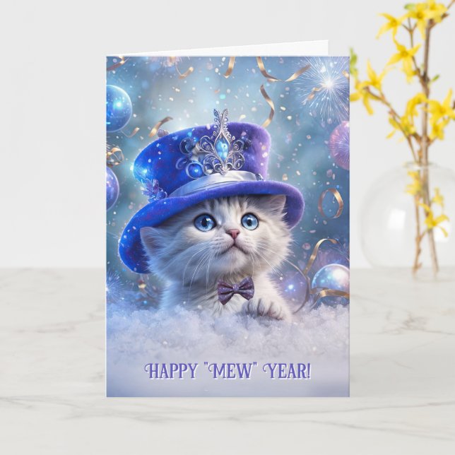 Happy New Year Niedlich White Kitten Big Extravaga Karte (Gelbe Blume)