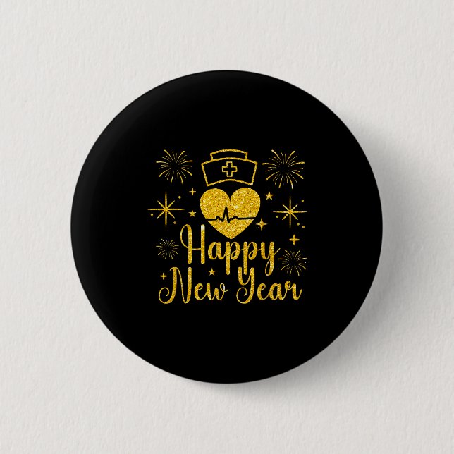 Happy New Year Nurses Heartbeat Fireworks New Year Button (Vorderseite)